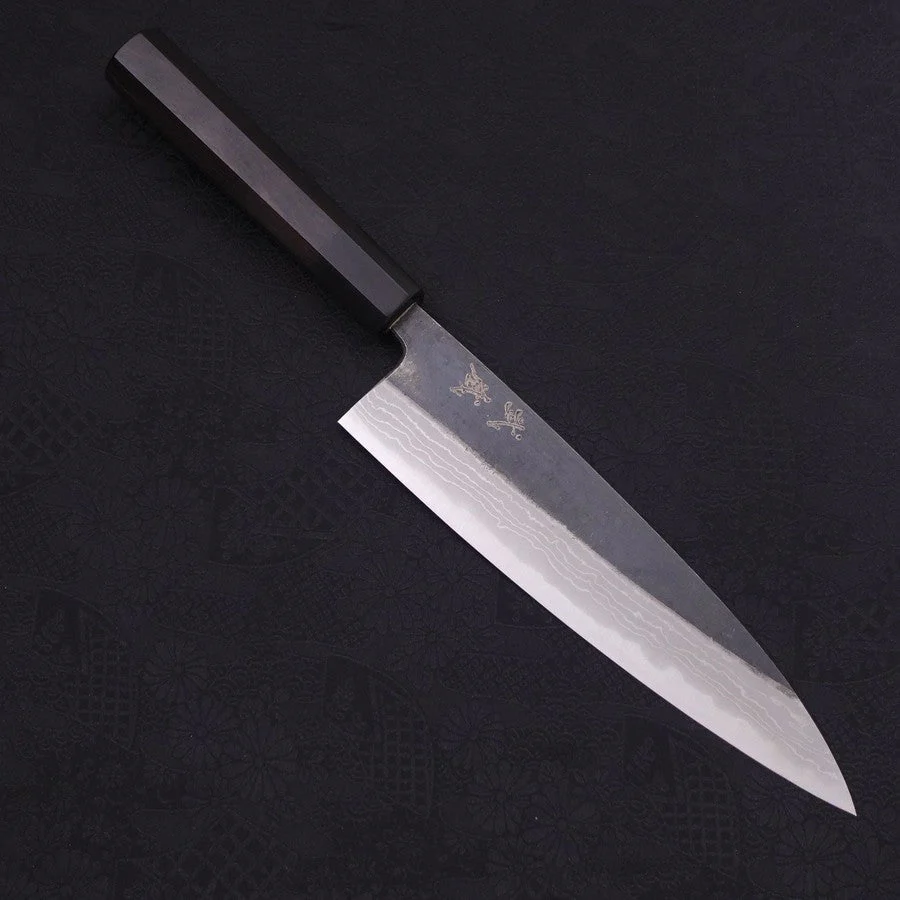 Gyuto Blue Steel #2 Kurouchi Damast Büffelhorn und Ebenholz Griff 210mm