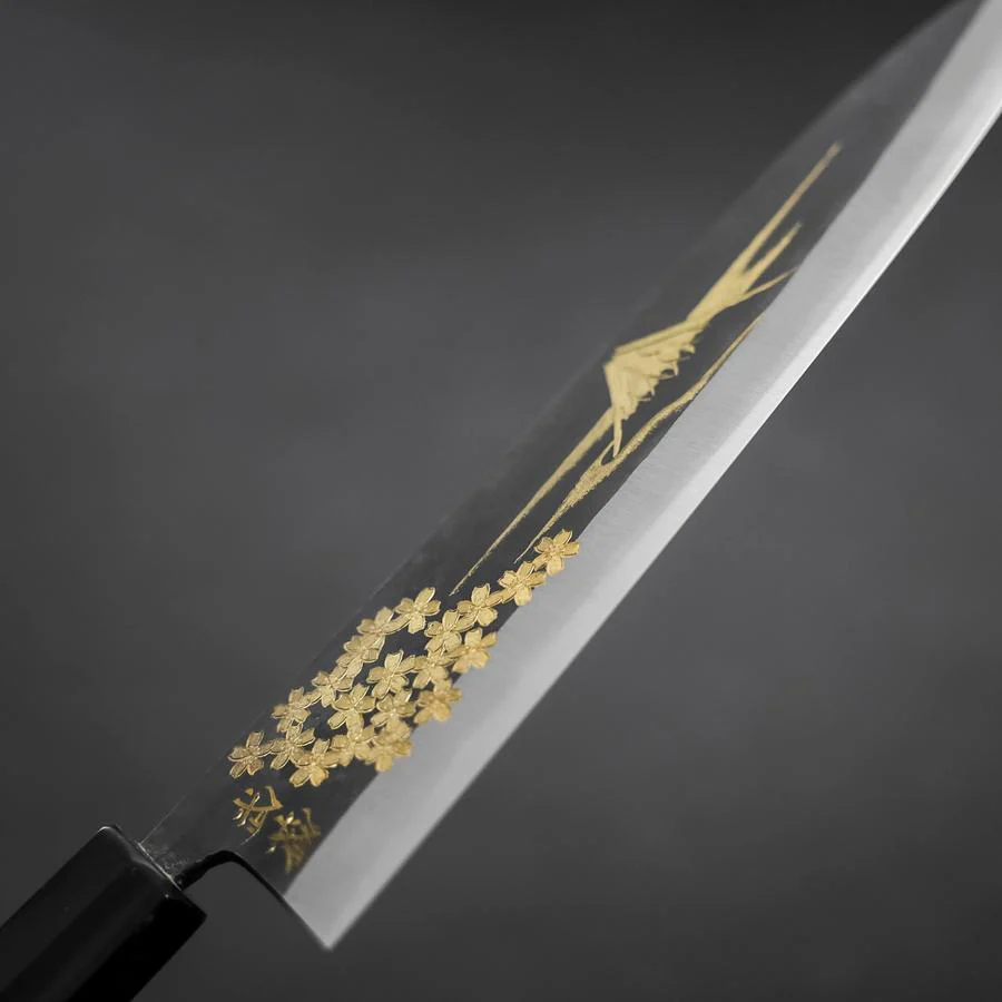 Gyuto Blue Steel #2 Kurouchi Sakura Fuji Büffelhorn und Ebenholz Griff 210mm - Image 3