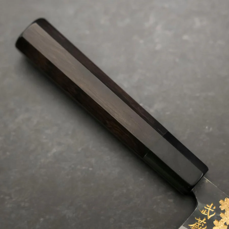 Gyuto Blue Steel #2 Kurouchi Sakura Fuji Büffelhorn und Ebenholz Griff 210mm - Image 6