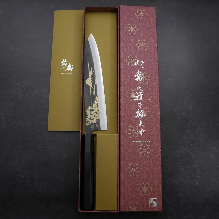 Gyuto Blue Steel #2 Kurouchi Sakura Fuji Büffelhorn und Ebenholz Griff 210mm - Image 8