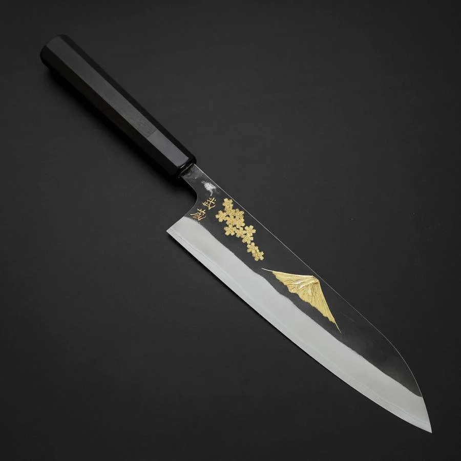 Gyuto Blue Steel #2 Kurouchi Edelstahlummantelung Chokin Sakura-Fuji Büffelhorn und Ebenholz Griff 210mm