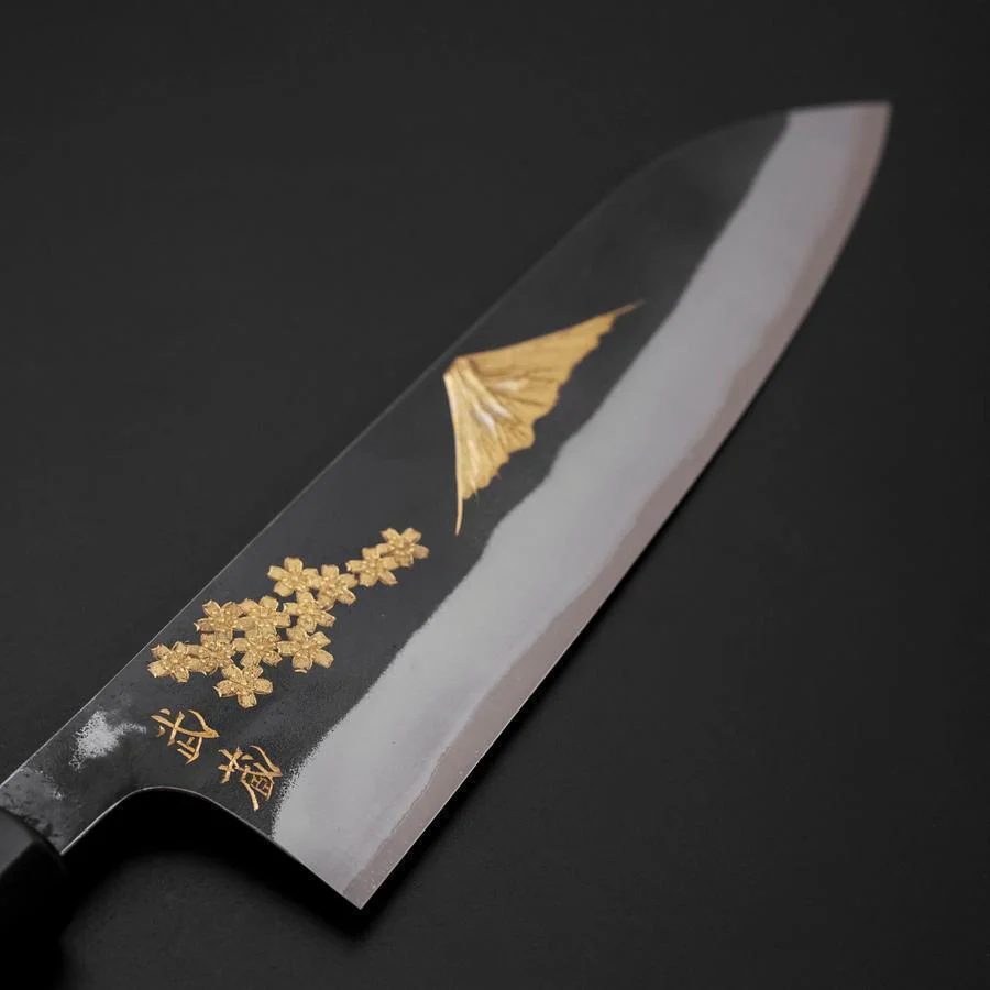 Gyuto Blue Steel #2 Kurouchi Edelstahlummantelung Chokin Sakura-Fuji Büffelhorn und Ebenholz Griff 210mm - Image 3