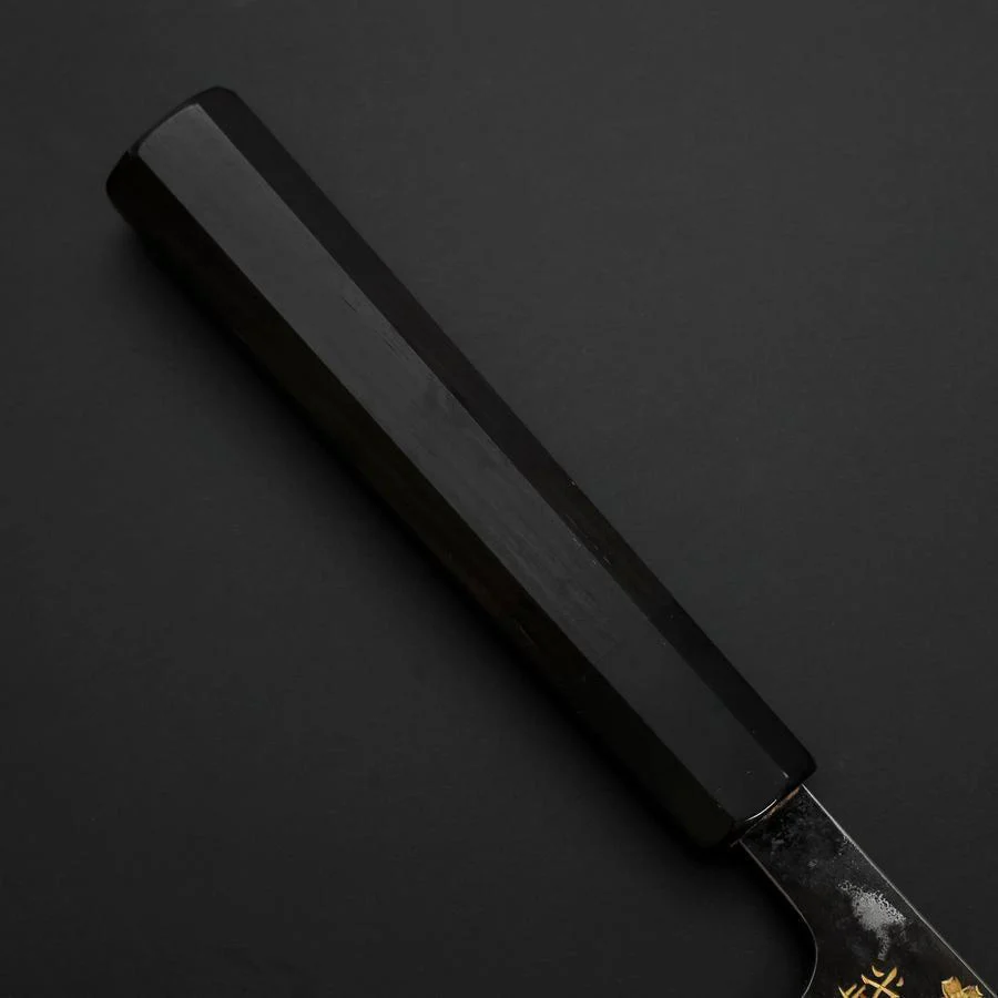 Gyuto Blue Steel #2 Kurouchi Edelstahlummantelung Chokin Sakura-Fuji Büffelhorn und Ebenholz Griff 210mm - Image 6