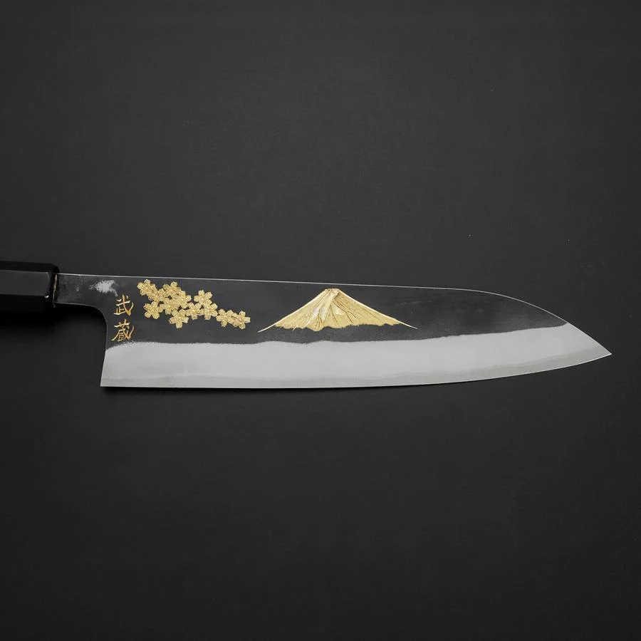 Gyuto Blue Steel #2 Kurouchi Edelstahlummantelung Chokin Sakura-Fuji Büffelhorn und Ebenholz Griff 210mm - Image 7