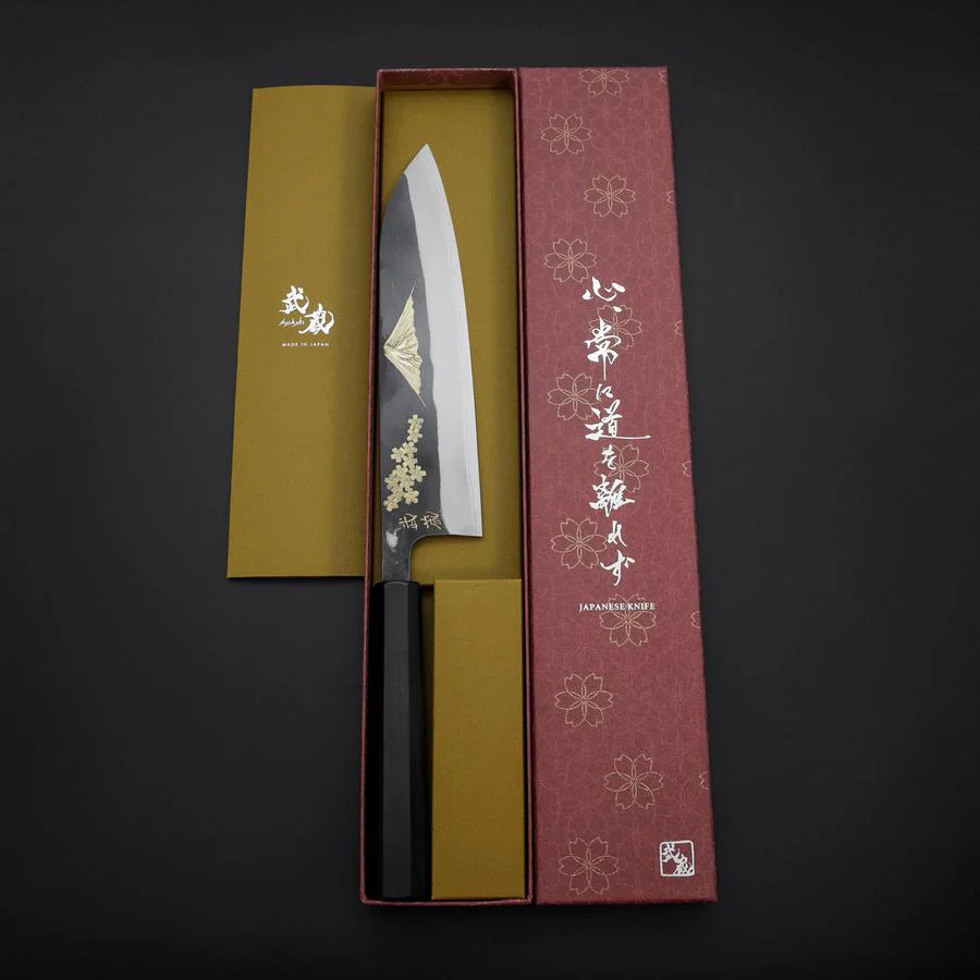 Gyuto Blue Steel #2 Kurouchi Edelstahlummantelung Chokin Sakura-Fuji Büffelhorn und Ebenholz Griff 210mm - Image 8