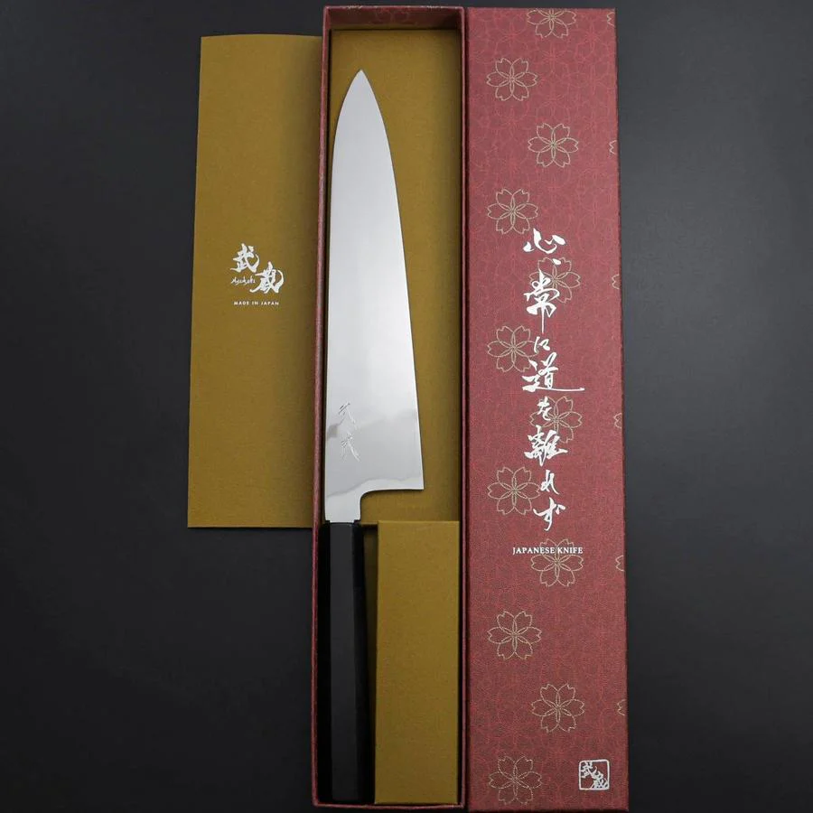 Gyuto Silver Steel #3 Kagami Honyaki Büffelhorn und Ebenholz Griff 240mm - Image 7