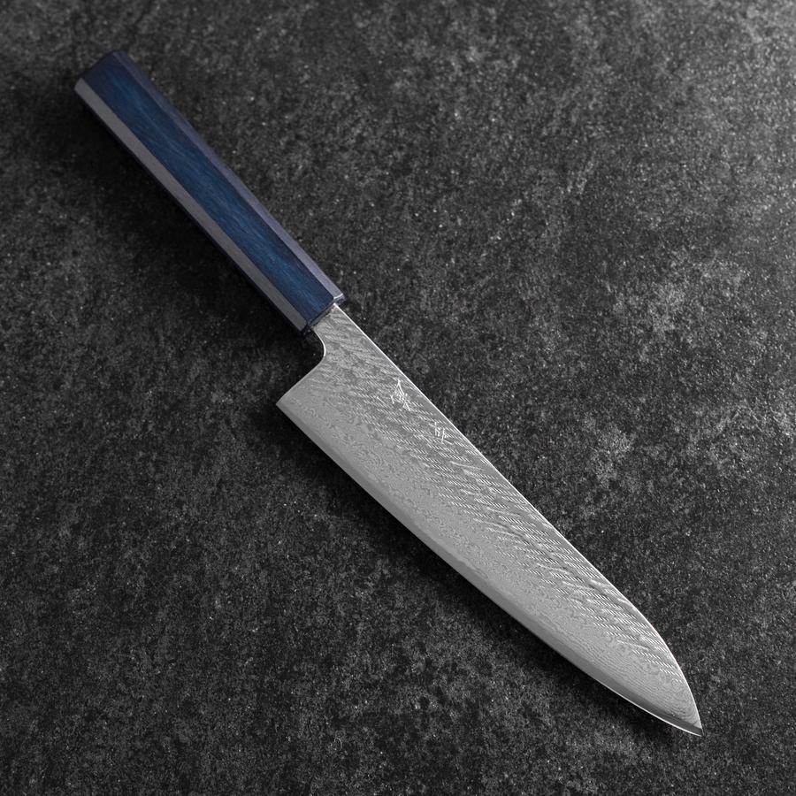 Gyuto Silver Steel #3 Nawame Damast Blauer Urushi Griff 210mm