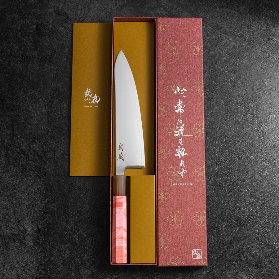 Gyuto SLD Kagami Dunkelrosa Büffelhorn und Ahornholz Griff 210mm - Image 8