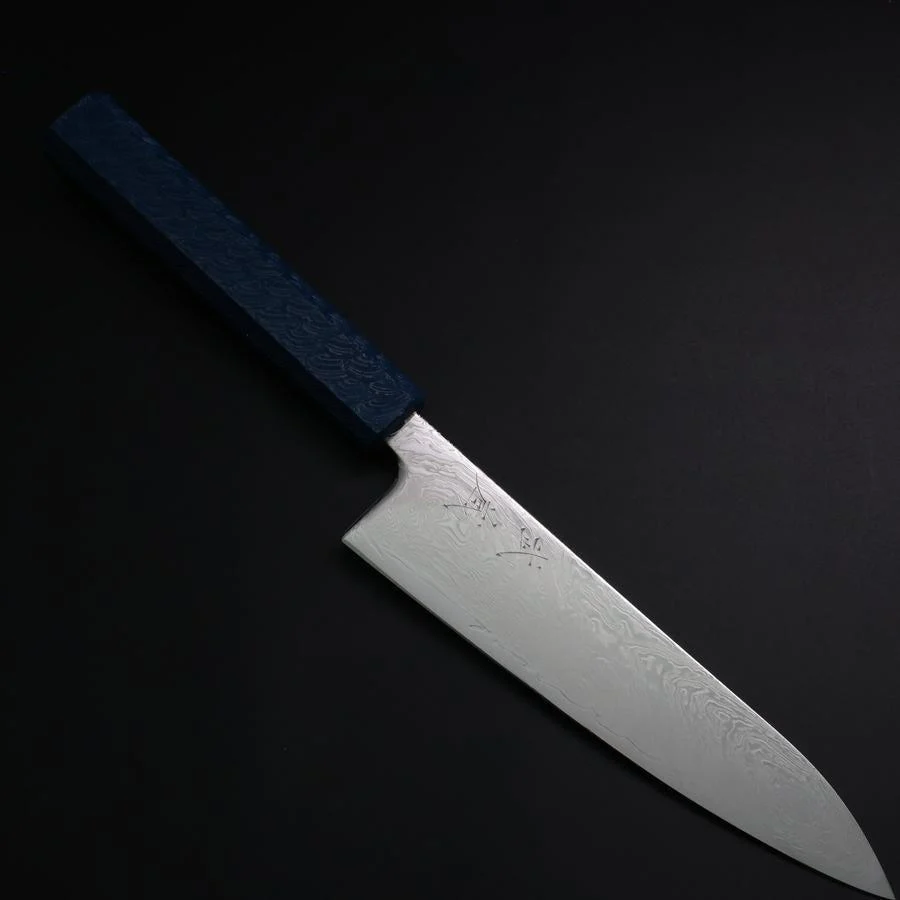 Gyuto SLD Wellen Nickel Damast Blauer Urushi Griff 180mm
