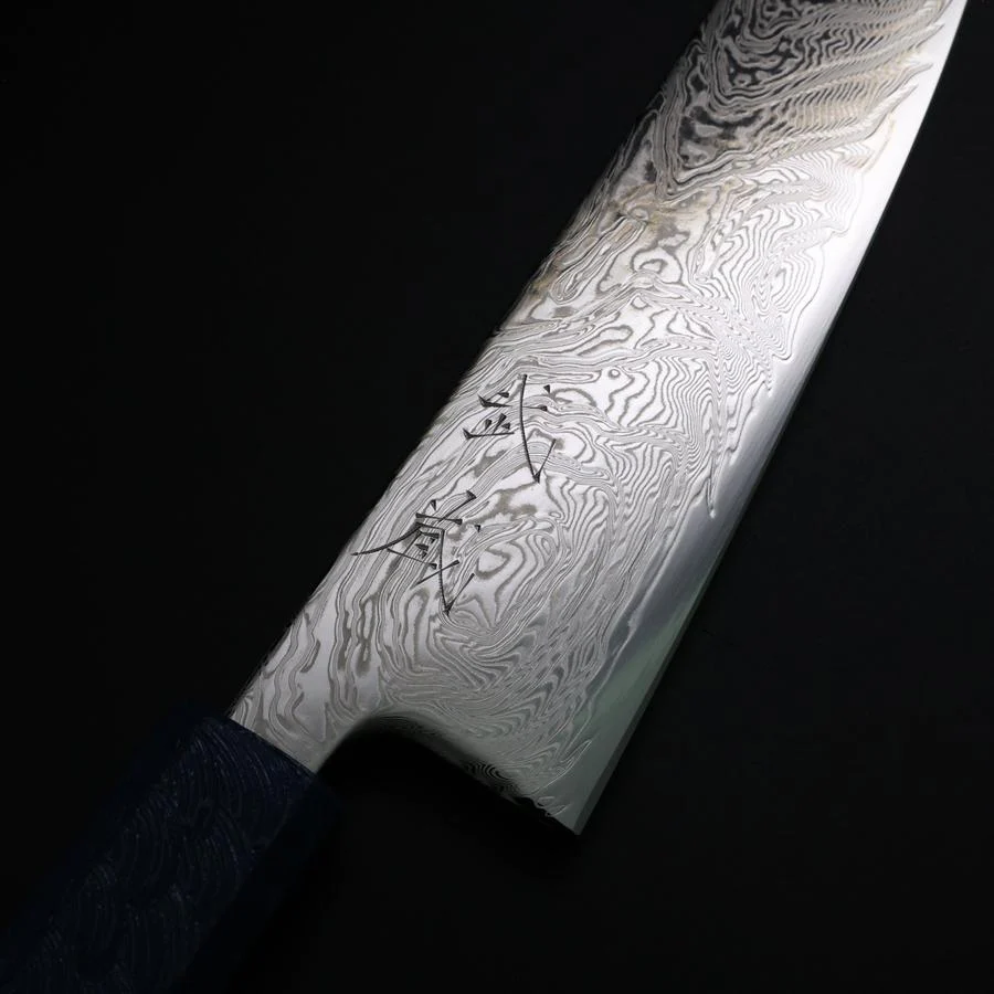 Gyuto SLD Wellen Nickel Damast Blauer Urushi Griff 180mm - Image 3