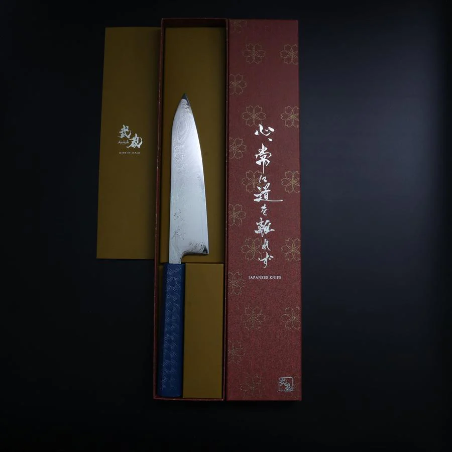 Gyuto SLD Wellen Nickel Damast Blauer Urushi Griff 180mm - Image 8