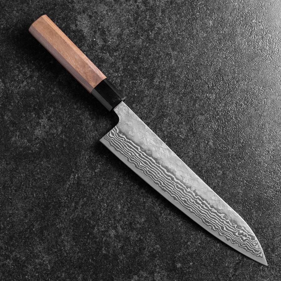 Gyuto Schwedenstahl Nashiji Washi Damast Schwarzes Walnussholz Griff 210mm