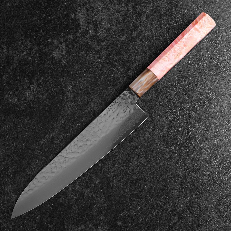Gyuto VG-10 Kagami Tsuchime Damast Dunkelrosa Büffelhorn und Ahornholz Griff 210mm - Image 2