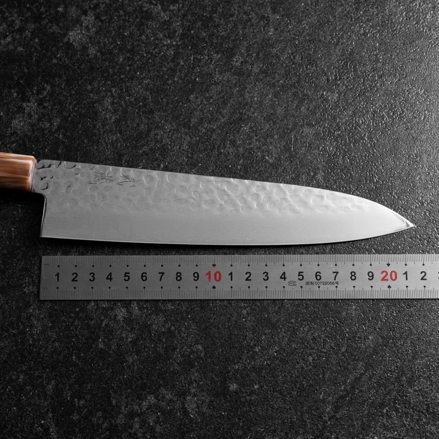Gyuto VG-10 Kagami Tsuchime Damast Dunkelrosa Büffelhorn und Ahornholz Griff 210mm - Image 7