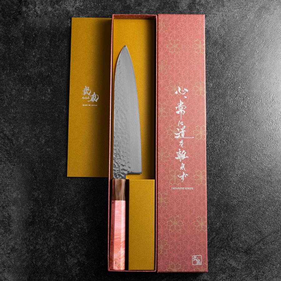 Gyuto VG-10 Kagami Tsuchime Damast Dunkelrosa Büffelhorn und Ahornholz Griff 210mm - Image 8