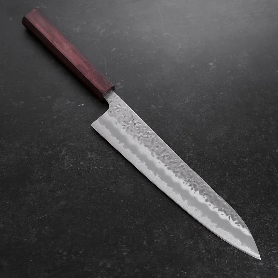 Gyuto White Steel #1 Edelstahlummantelung Tsuchime Lila Urushi Griff 240mm