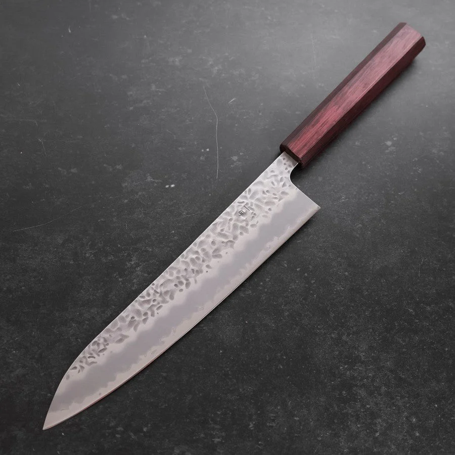 Gyuto White Steel #1 Edelstahlummantelung Tsuchime Lila Urushi Griff 240mm - Image 2
