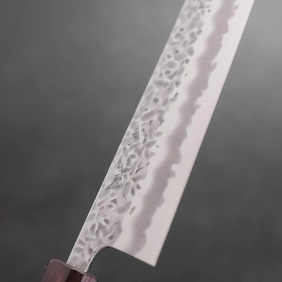 Gyuto White Steel #1 Edelstahlummantelung Tsuchime Lila Urushi Griff 240mm - Image 3