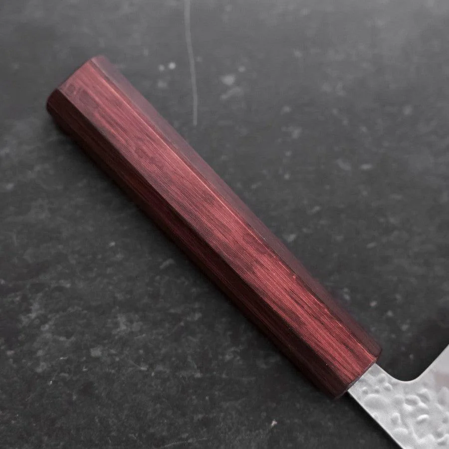 Gyuto White Steel #1 Edelstahlummantelung Tsuchime Lila Urushi Griff 240mm - Image 6