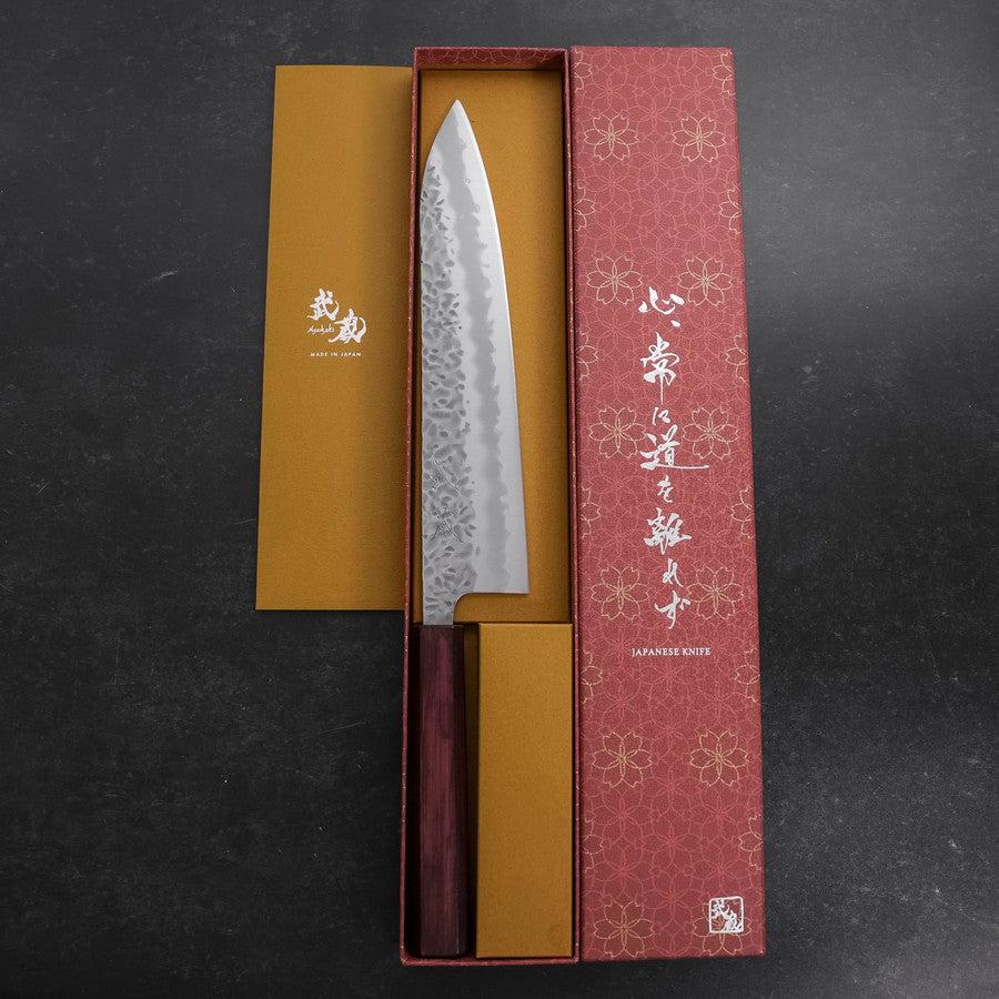 Gyuto White Steel #1 Edelstahlummantelung Tsuchime Lila Urushi Griff 240mm - Image 8