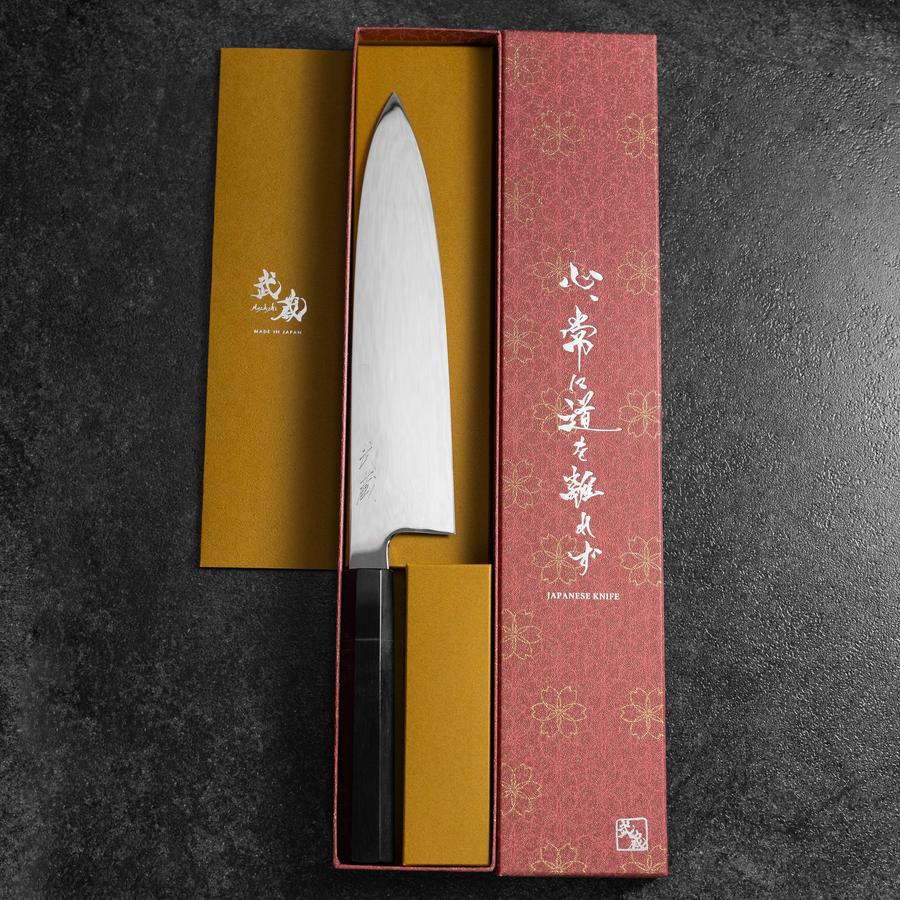 Gyuto White Steel #1 Kagami Mond-Fuji Sui-Honyaki Büffelhorn und Ebenholz Griff mit Scheide 240mm - Image 10