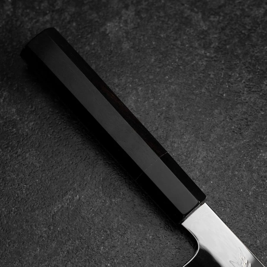 Gyuto White Steel #1 Kagami Mond-Fuji Sui-Honyaki Büffelhorn und Ebenholz Griff mit Scheide 240mm - Image 8