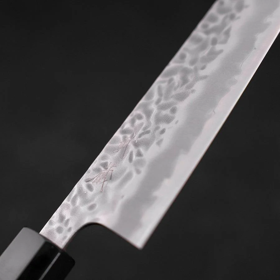 Gyuto White Steel #1 Edelstahlummantelung Tsuchime Büffelhorn und Teakholz Griff 180mm - Image 3