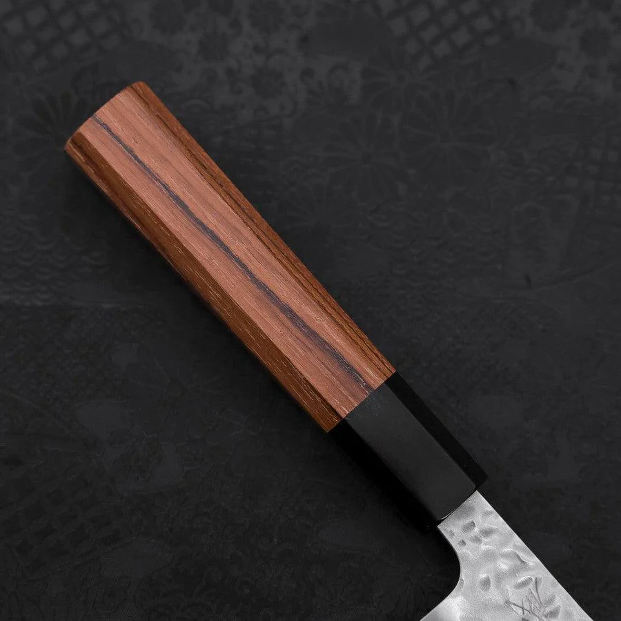 Gyuto White Steel #1 Edelstahlummantelung Tsuchime Büffelhorn und Teakholz Griff 180mm - Image 6