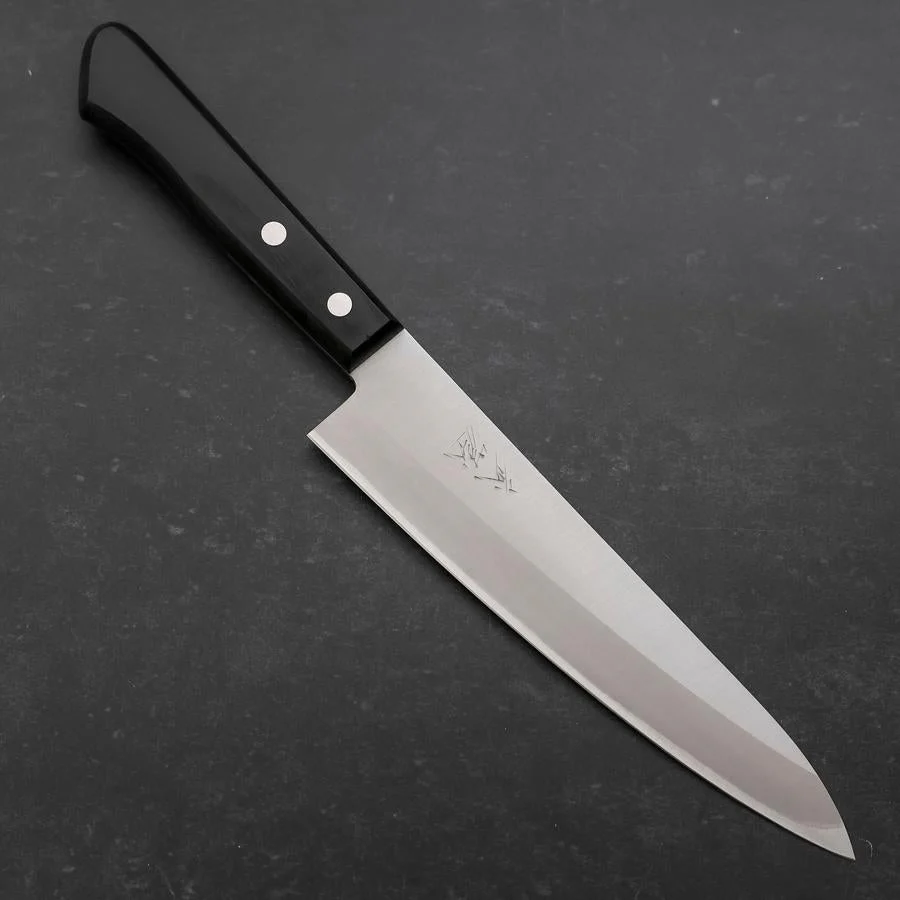 Gyuto White Steel #2 Edelstahlummantelung Poliert Schwarzer Westlicher Griff 180mm