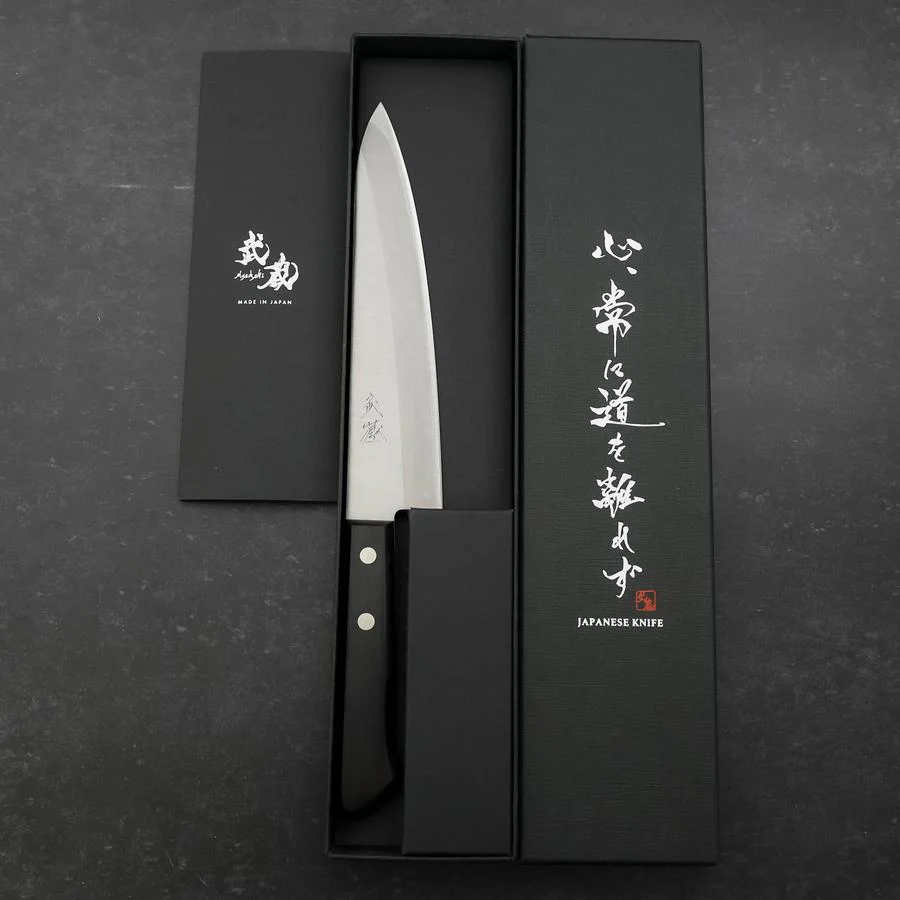 Gyuto White Steel #2 Edelstahlummantelung Poliert Schwarzer Westlicher Griff 180mm - Image 8