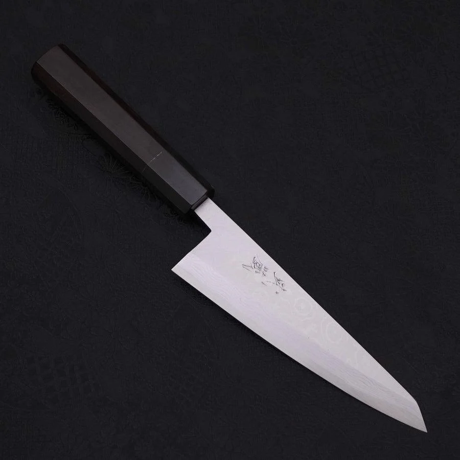 Honesuki Ausbeinmesser Blue Steel #2 Damast Büffelhorn und Ebenholz Griff 150mm