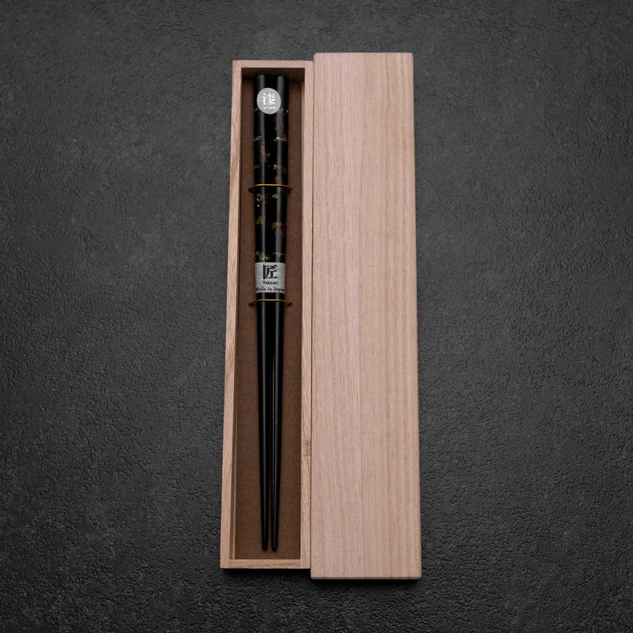 Hosomi Hangai (Muschelinlay) Schwarze Lackierte Essstäbchen 235mm mit Paulownia-Holzbox