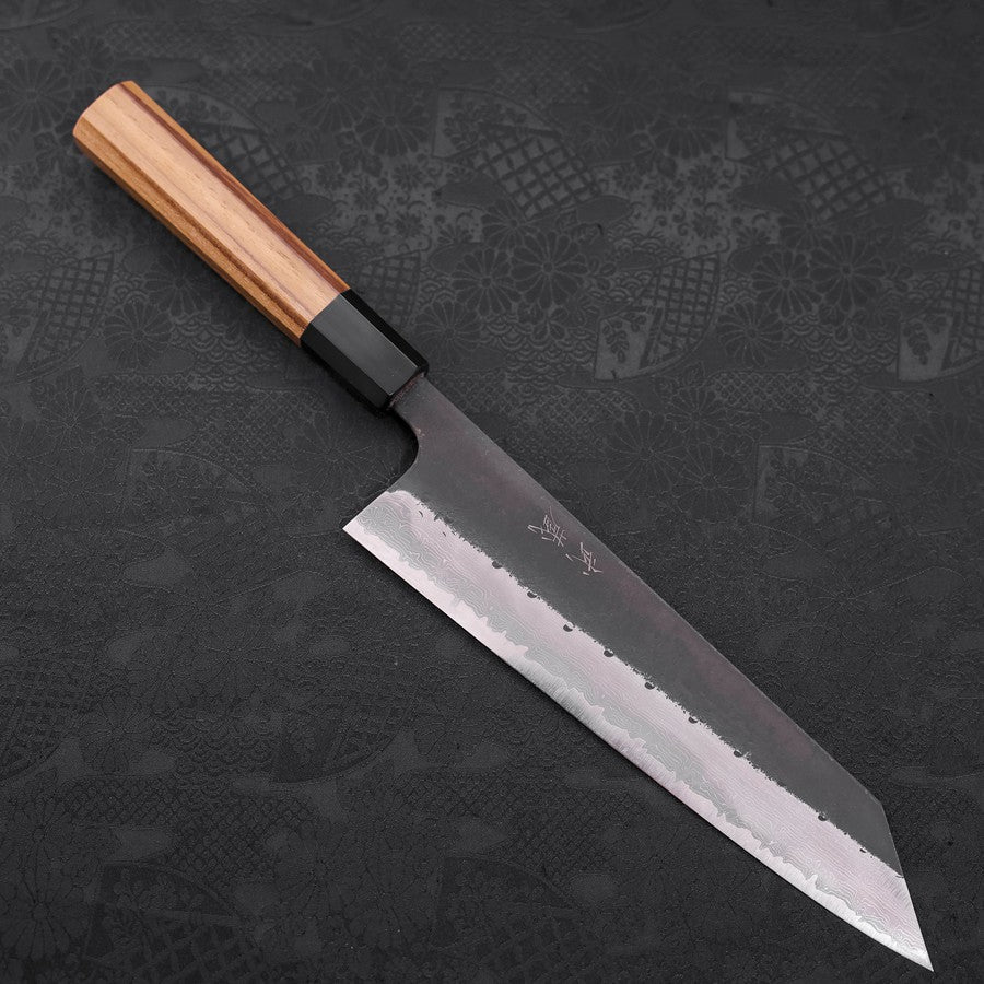 Kiritsuke Blue Steel #2 Kurouchi Damast Büffelhorn und Teakholz Griff 210mm