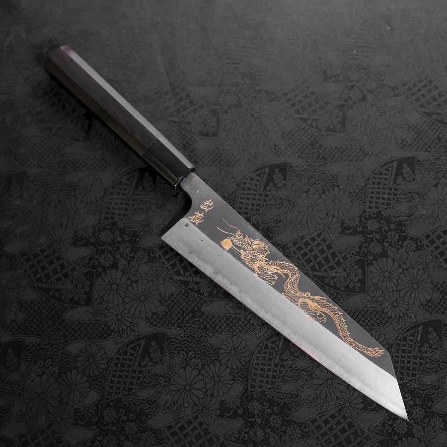 Kiritsuke Blue Steel #2 Kurouchi Damast Chokin "Drache" Büffelhorn und Ebenholz Griff 210mm
