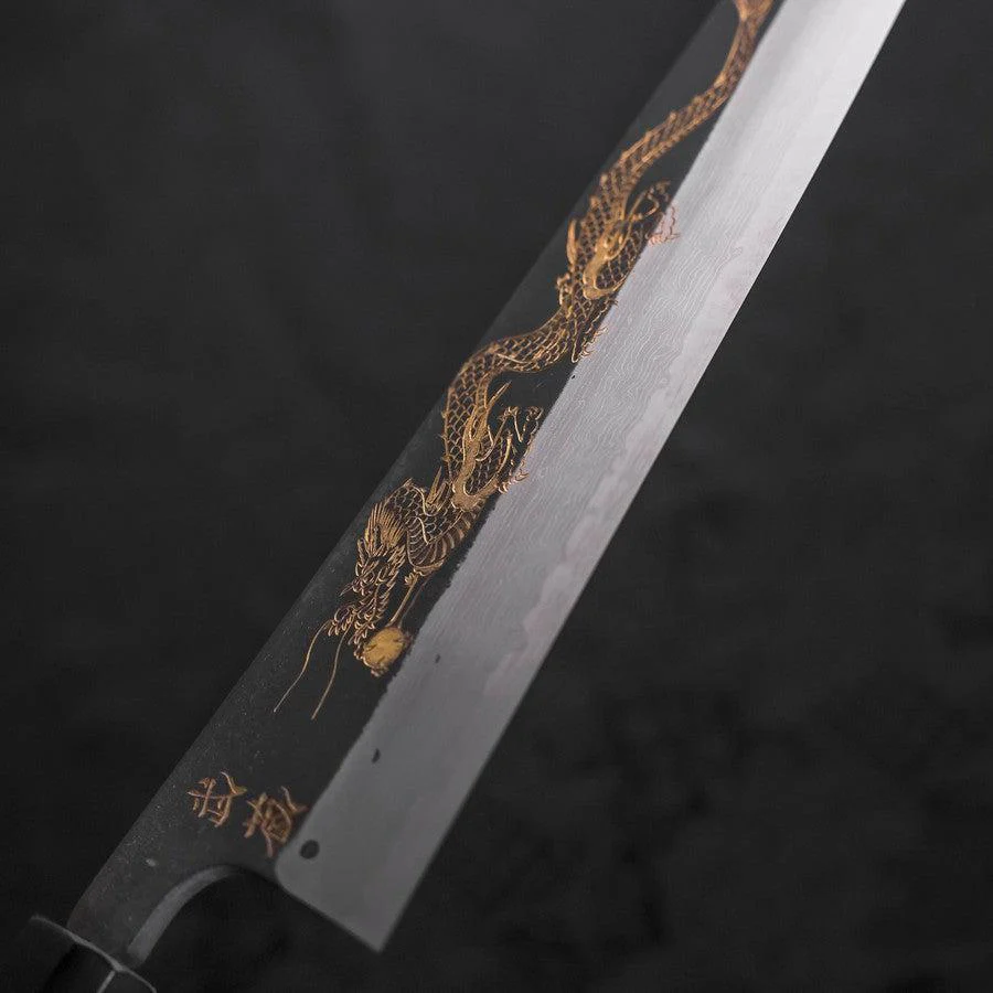 Kiritsuke Blue Steel #2 Kurouchi Damast Chokin "Drache" Büffelhorn und Ebenholz Griff 210mm - Image 3