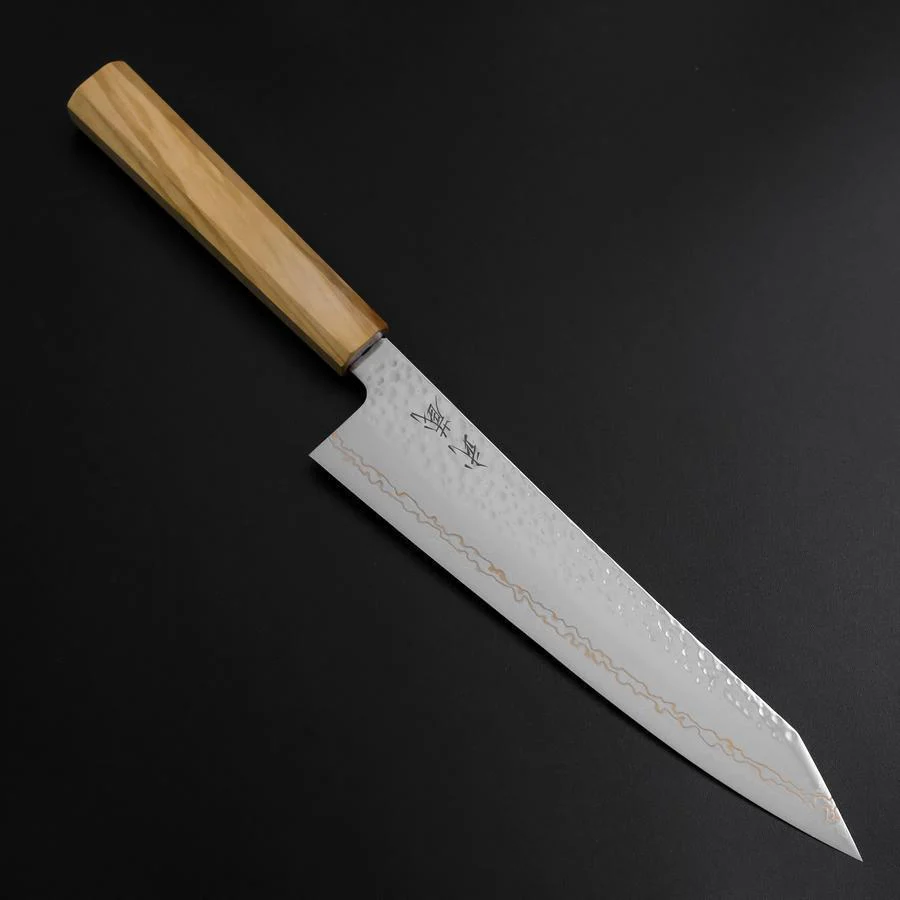 Kiritsuke Gyuto SLD Nickel Tsuchime Kolorierter Damast Olivenholz Griff 210mm Limited Edition