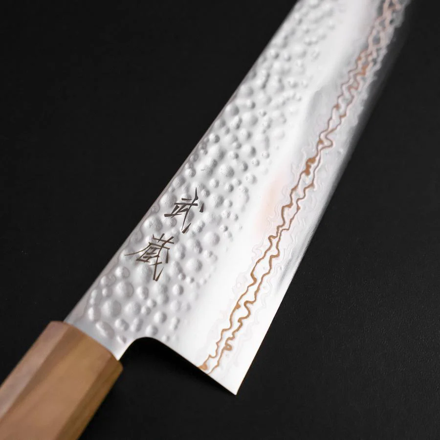 Kiritsuke Gyuto SLD Nickel Tsuchime Kolorierter Damast Olivenholz Griff 210mm Limited Edition - Image 3