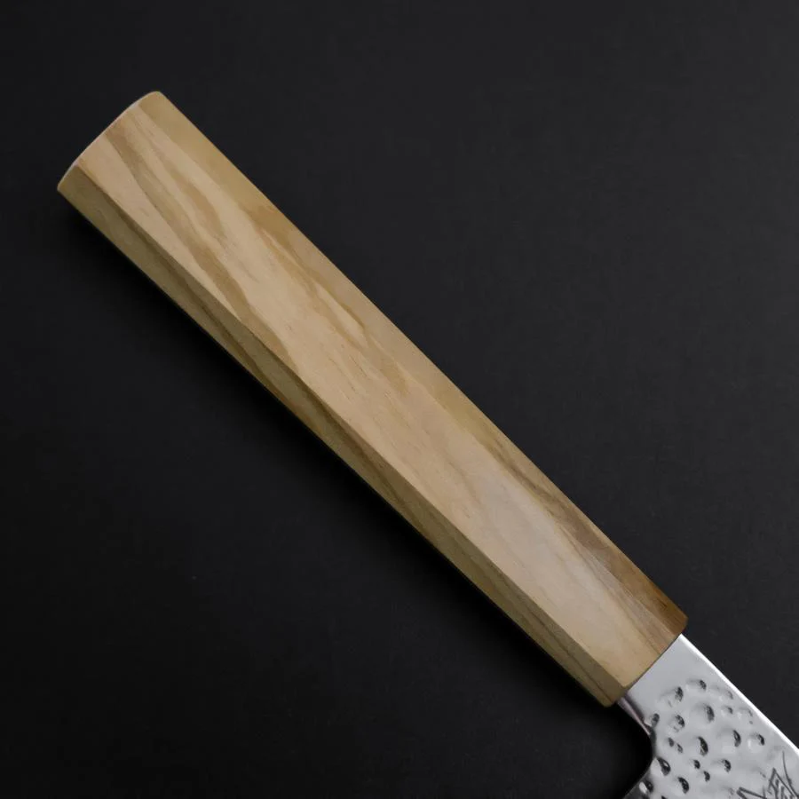 Kiritsuke Gyuto SLD Nickel Tsuchime Kolorierter Damast Olivenholz Griff 210mm Limited Edition - Image 6