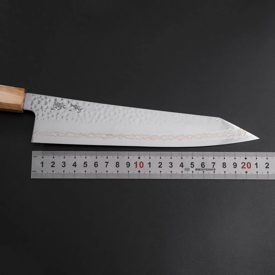 Kiritsuke Gyuto SLD Nickel Tsuchime Kolorierter Damast Olivenholz Griff 210mm Limited Edition - Image 7