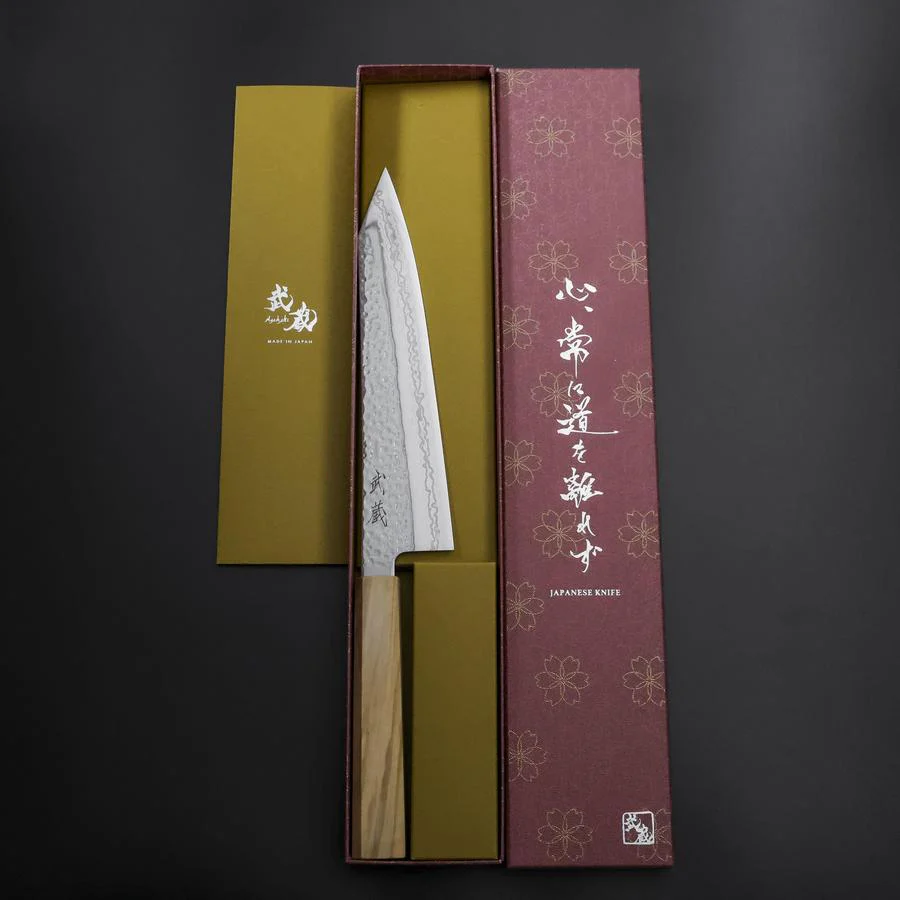 Kiritsuke Gyuto SLD Nickel Tsuchime Kolorierter Damast Olivenholz Griff 210mm Limited Edition - Image 8