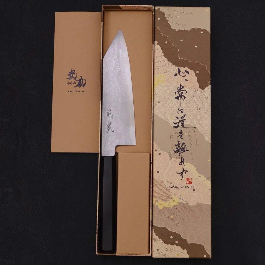 Kiritsuke Santoku Blue Steel #1 Suminagashi Büffelhorn und Ebenholz Griff 170mm - Image 8