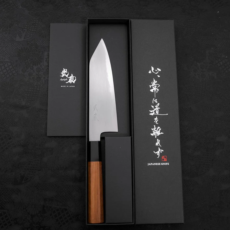 Kiritsuke Santoku White Steel #2 Kasumi Büffelhorn und Teakholz Griff 180mm - Image 8