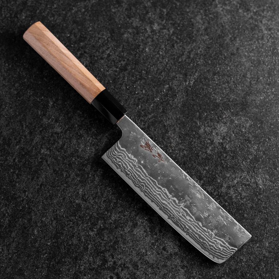 Nakiri 440C Nashiji Damast Büffelhorn und Walnussholz Griff 165mm
