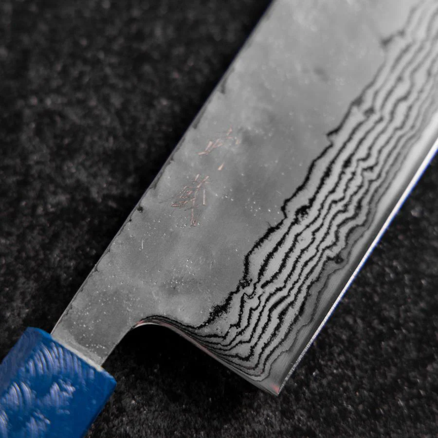 Nakiri Silver Steel #3 Nashiji Kagami Damast Blauer Urushi Griff 165mm - Image 3
