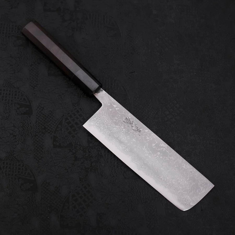 Nakiri Blue Steel #2 Damast Büffelhorn und Ebenholz Griff 165mm