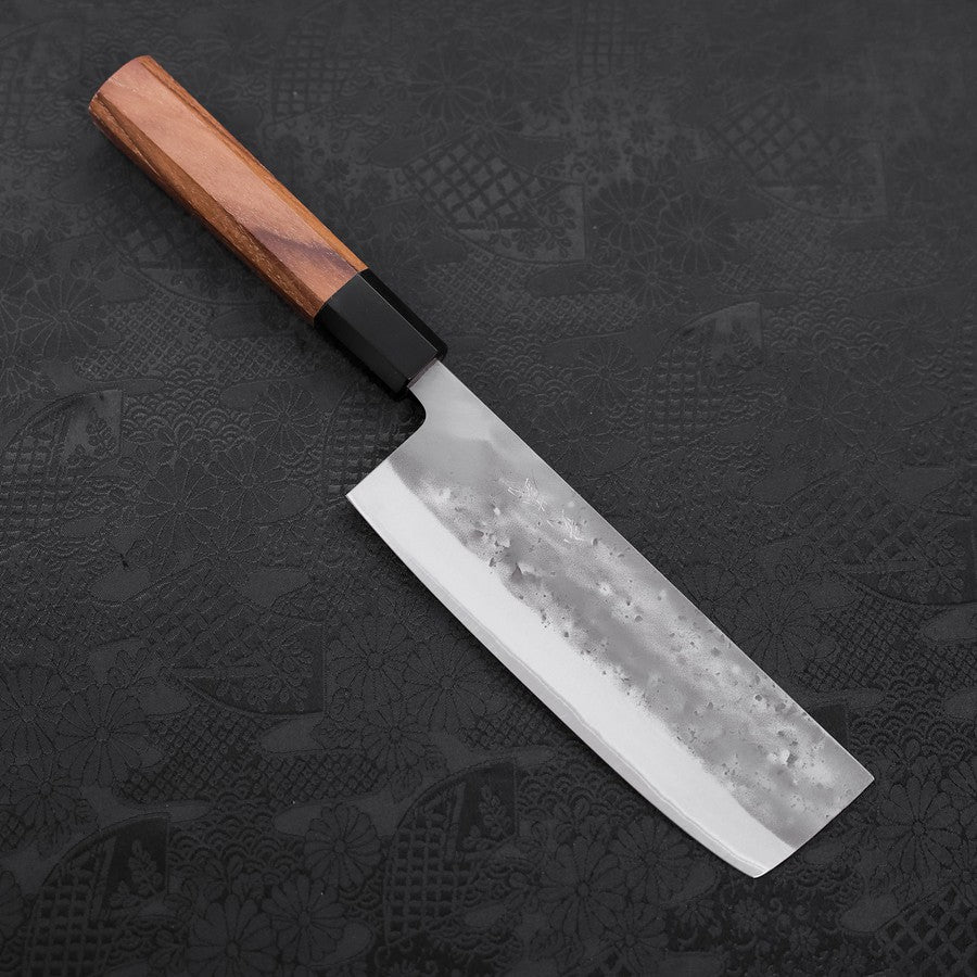Nakiri Blue Steel #2 Edelstahlummantelung Nashiji Büffelhorn und Teakholz Griff 165mm