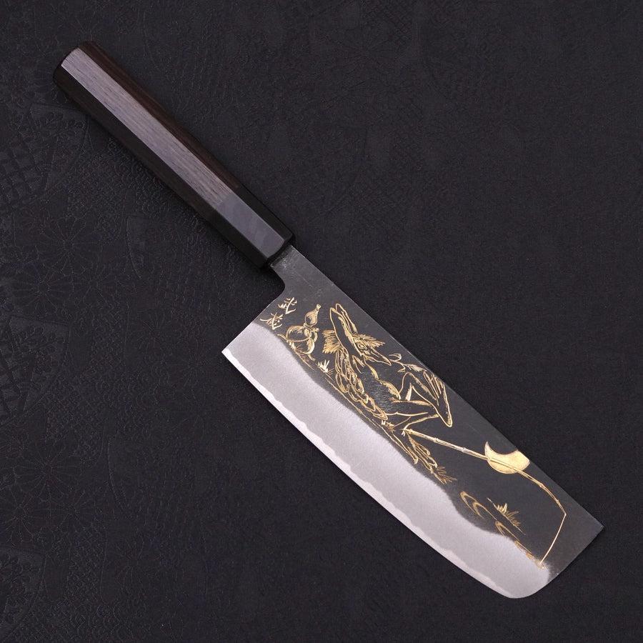 Nakiri Blue Steel #2 Kurouchi Chokin "Fischender Kappa - Ruhend" Büffelhorn und Ebenholz Griff 165mm