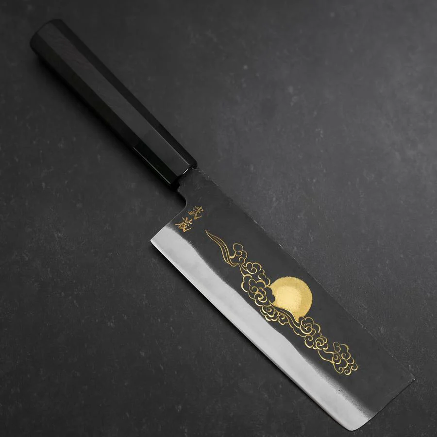 Nakiri Blue Steel #2 Kurouchi Chokin Glückverheißende Sonne und Wolke Büffelhorn und Ebenholz Griff 165mm