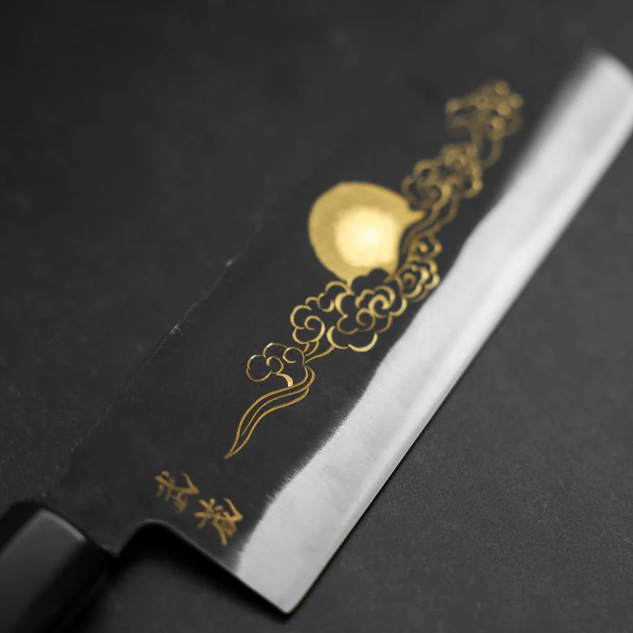 Nakiri Blue Steel #2 Kurouchi Chokin Glückverheißende Sonne und Wolke Büffelhorn und Ebenholz Griff 165mm - Image 3