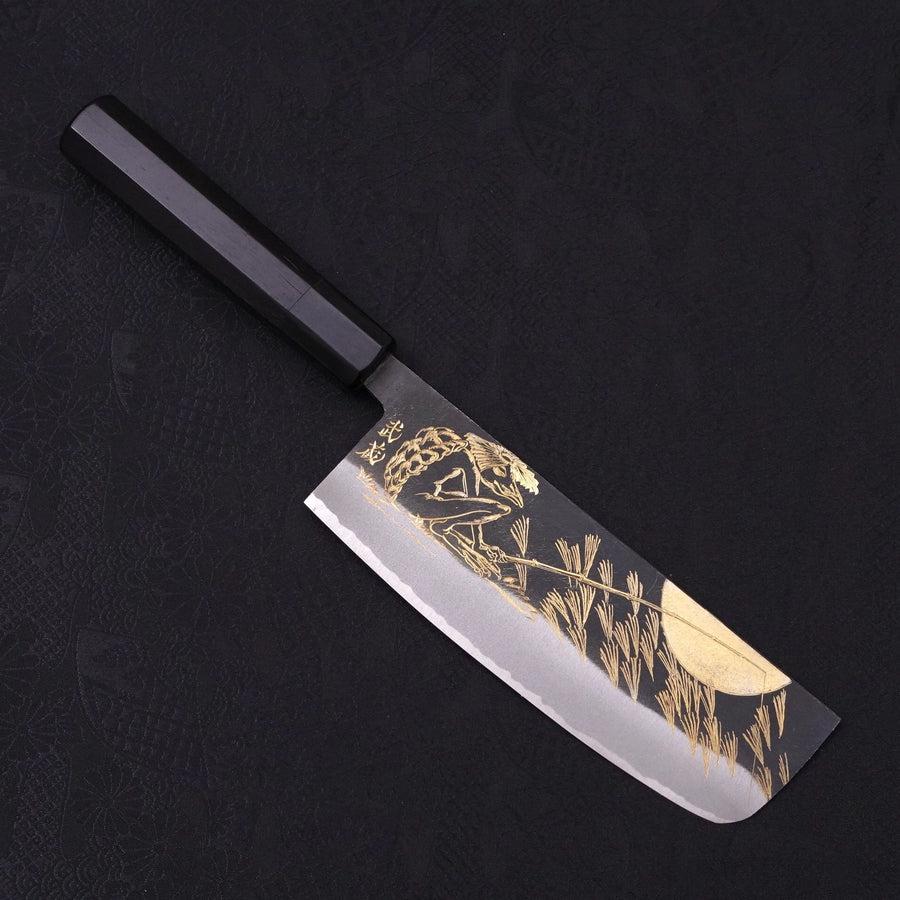 Nakiri Blue Steel #2 Kurouchi Chokin "Fischender Kappa - Lauernd" Büffelhorn und Ebenholz Griff 165mm